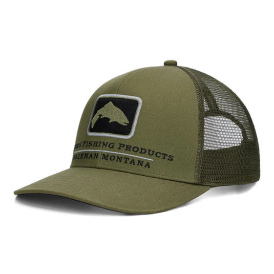 Green fishing cap with mesh back and logo on a white background