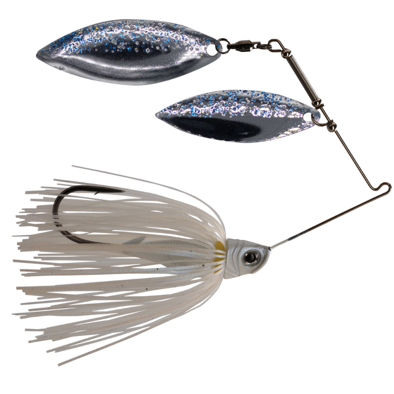 Load image into Gallery viewer, 1st Gen Fishing Split-Blade Spinnerbait with dual willow blades and silicone skirt for bass fishing. Glimmer Shad