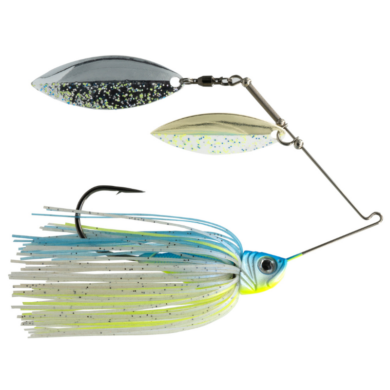 Load image into Gallery viewer, Split-blade spinnerbait in Sexy Shad color with dual-tone willow blades and silicone skirt.
