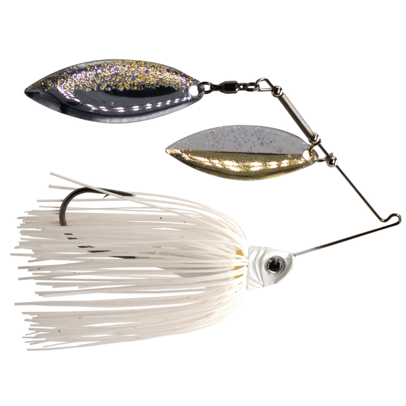 Load image into Gallery viewer, 1st Gen Fishing Split-Blade Spinnerbait with dual willow blades and silicone skirt for bass fishing. White Gold