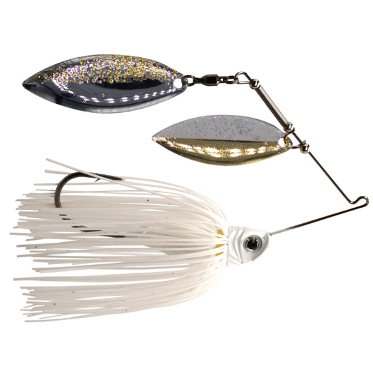 1st Gen Fishing Split-Blade Spinnerbait with dual willow blades and silicone skirt for bass fishing. White Gold