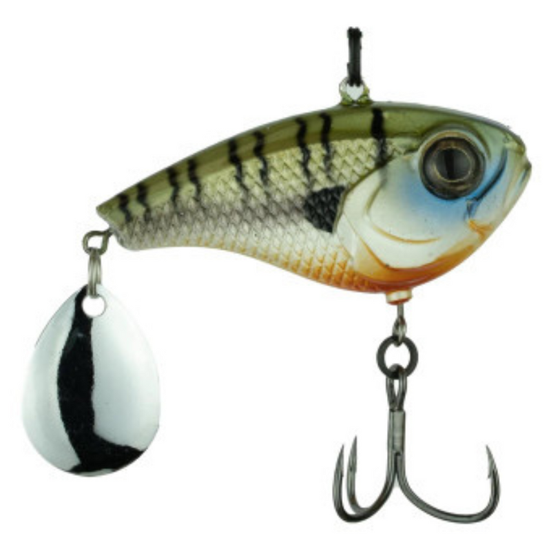 Load image into Gallery viewer, 6th Sense Gyro Tail Spinner with realistic paint, spinning blade, and distressed baitfish profile for bass fishing. 4K Bluegill