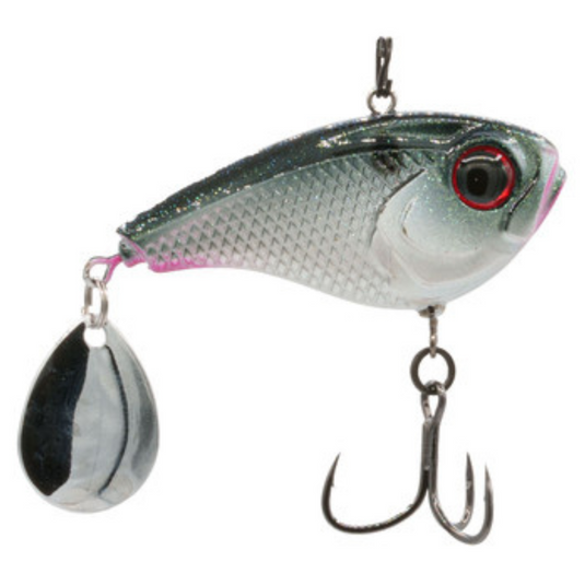 6th Sense Gyro Tail Spinner with realistic paint, spinning blade, and distressed baitfish profile for bass fishing. Smoke 6