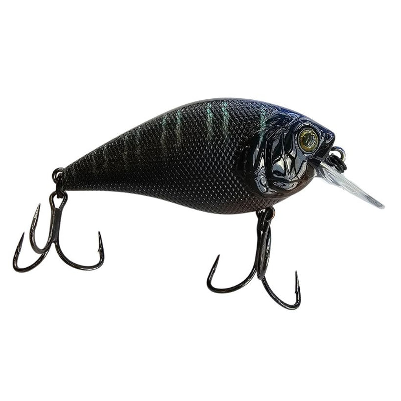 Load image into Gallery viewer, Black fishing lure with treble hooks on a white background