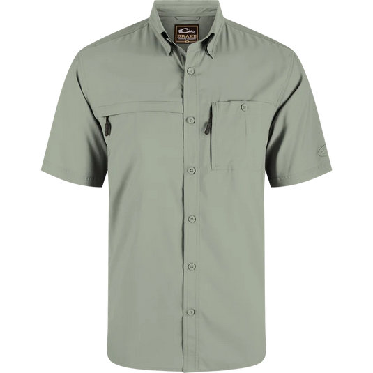 Drake Flyweight Performance Shirt in Desert Sage color, lightweight moisture-wicking outdoor shirt with vented back and zippered chest pockets