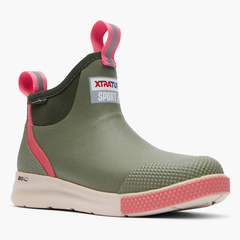 Load image into Gallery viewer, Green and pink rubber boot with Xtratuf logo on a white background
