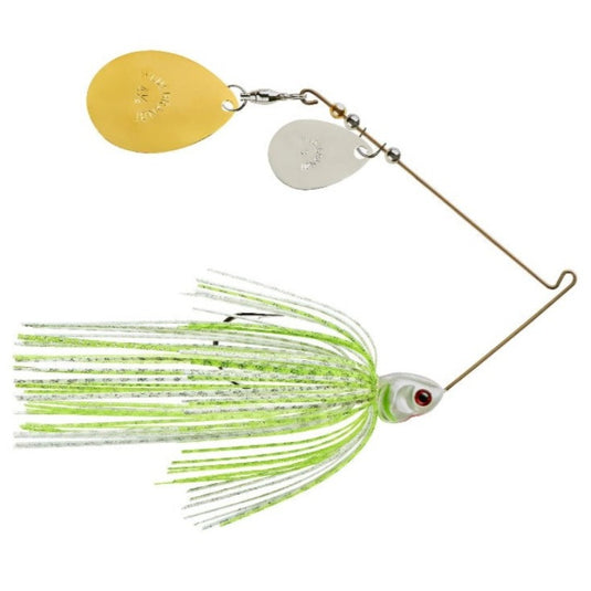 BOOYAH Covert Series Double Colorado Spinnerbait - White Chartreuse Silver Scale with Gold Silver Blades