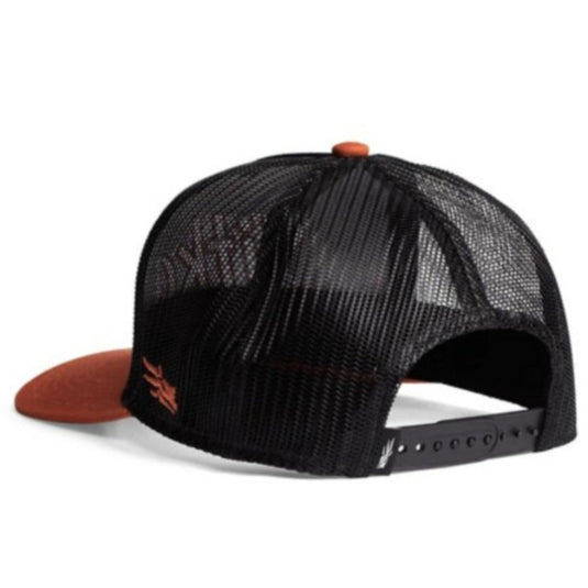Sitka 90's Script High Pro Trucker Hat – high-profile foam snapback cap with mesh back and vintage SITKA logo