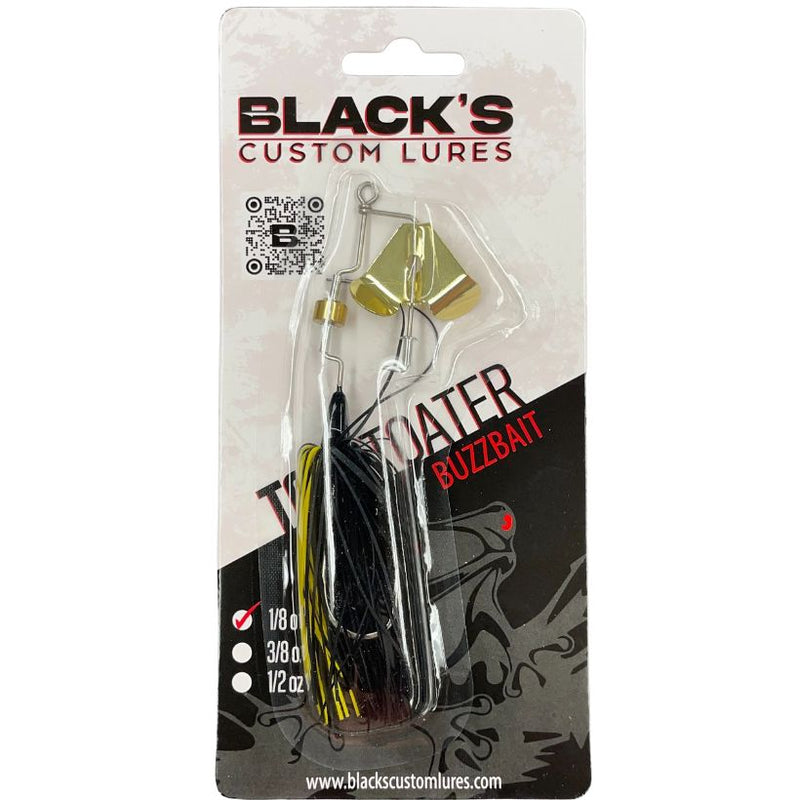 Load image into Gallery viewer, Black's Custom Lures Clacking Toad Toater Buzzbait with Skirt - Black and Yellow with Gold Blade