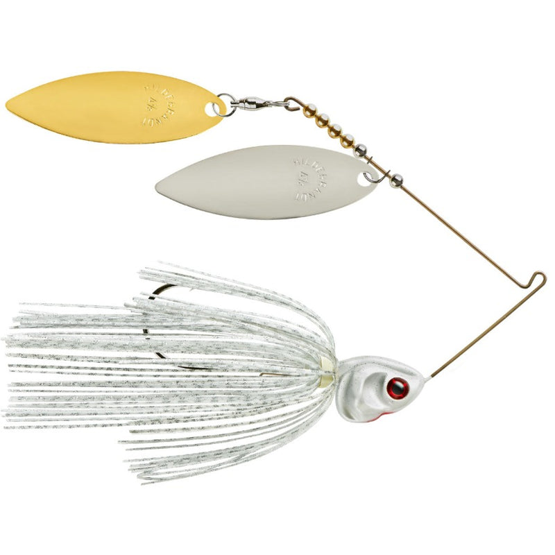 Load image into Gallery viewer, Booyah Covert Series Double Blade Spinnerbaits - White Silver Pearl Head with Gold Silver Blades