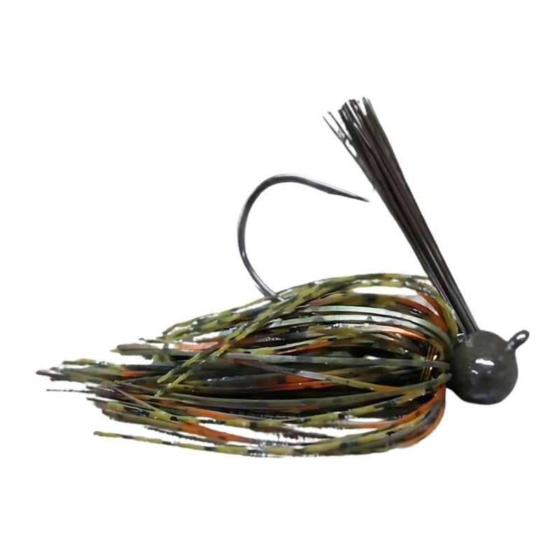 Load image into Gallery viewer, Brazalo Custom Football Head Jig in Camo Craw Orange, with wire-tied skirt and low-set hook eye for fishing near cover and rocky structure
