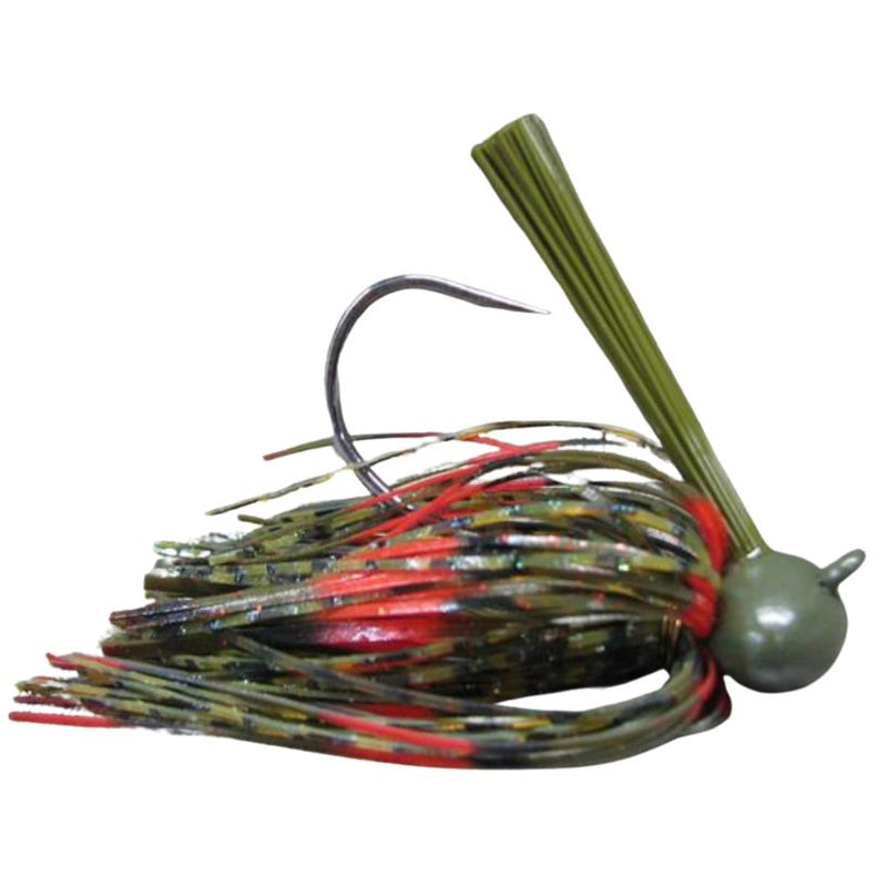 Load image into Gallery viewer, Brazalo Custom Football Head Jig in Camo Craw Red, with wire-tied skirt and low-set hook eye for fishing near cover and rocky structure