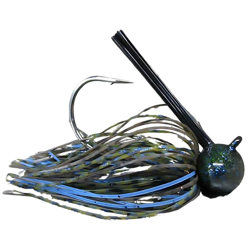 Load image into Gallery viewer, Brazalo Custom Football Head Jig in Green Pumpkin Blue, with wire-tied skirt and low-set hook eye for fishing near cover and rocky structure