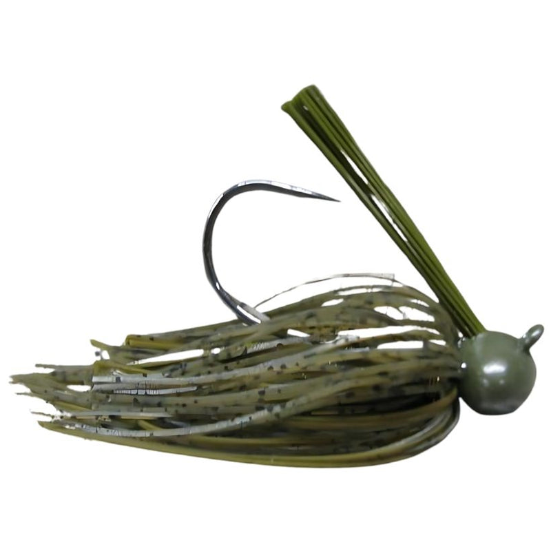 Load image into Gallery viewer, Brazalo Custom Football Head Jig in Green Pumpkin, with wire-tied skirt and low-set hook eye for fishing near cover and rocky structure