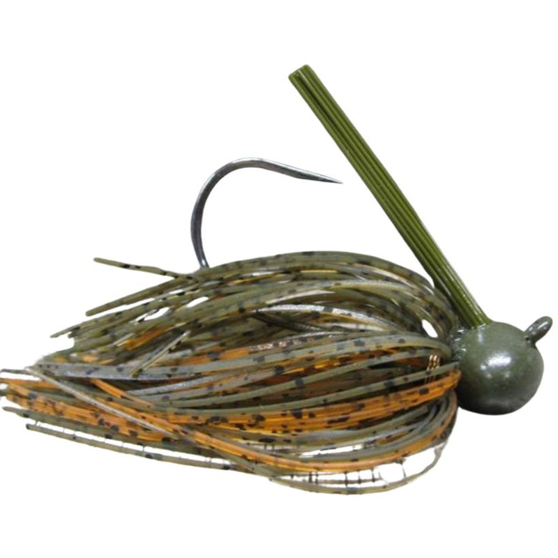 Load image into Gallery viewer, Brazalo Custom Football Head Jig in Green Pumpkin Orange with wire-tied skirt and low-set hook eye for fishing near cover and rocky structure