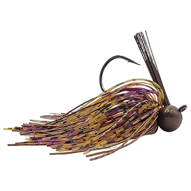 Load image into Gallery viewer, Brazalo Custom Football Head Jig in Peanut Butter and Jelly with wire-tied skirt and low-set hook eye for fishing near cover and rocky structure
