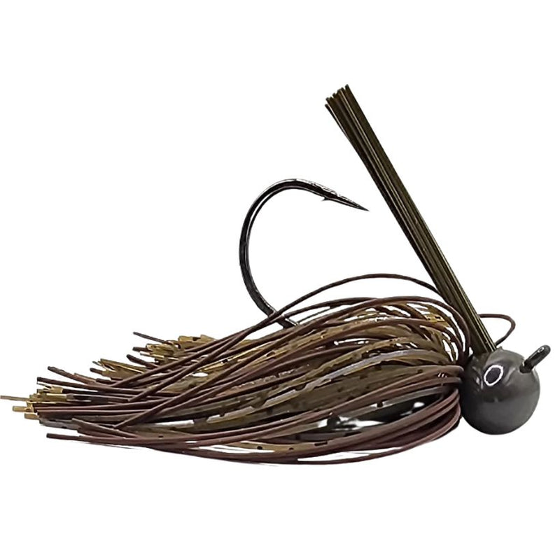 Load image into Gallery viewer, Brazalo Custom Football Head Jig in Perfect Creeper with wire-tied skirt and low-set hook eye for fishing near cover and rocky structure