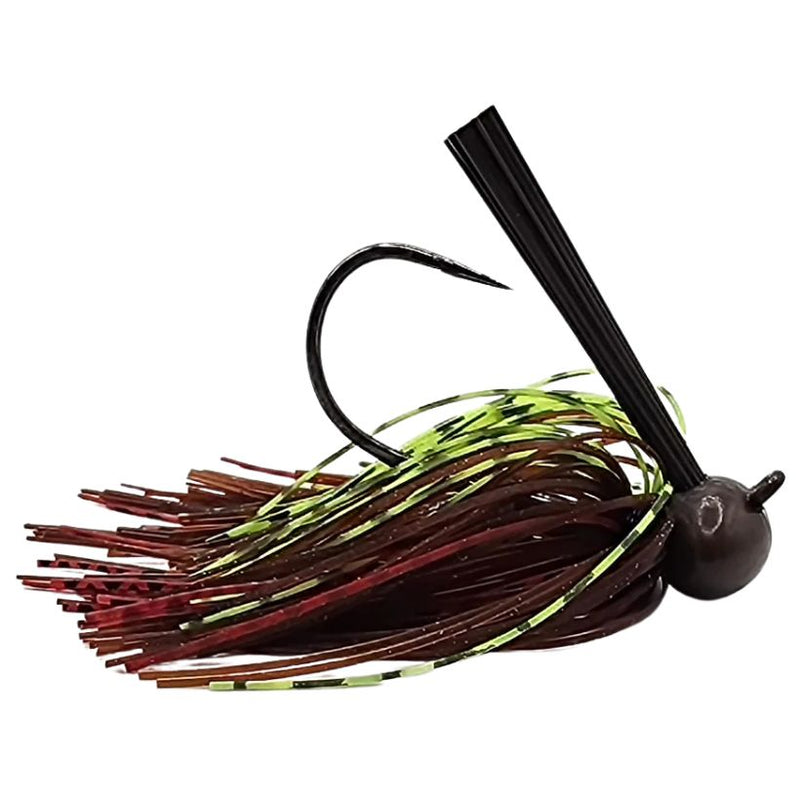 Load image into Gallery viewer, Brazalo Custom Football Head Jig in Rotten Watermelon with wire-tied skirt and low-set hook eye for fishing near cover and rocky structure