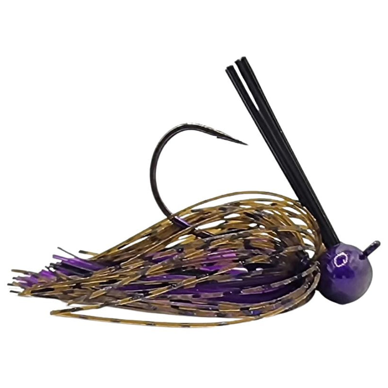 Load image into Gallery viewer, Brazalo Custom Football Head Jig in Sour Grapes with wire-tied skirt and low-set hook eye for fishing near cover and rocky structure