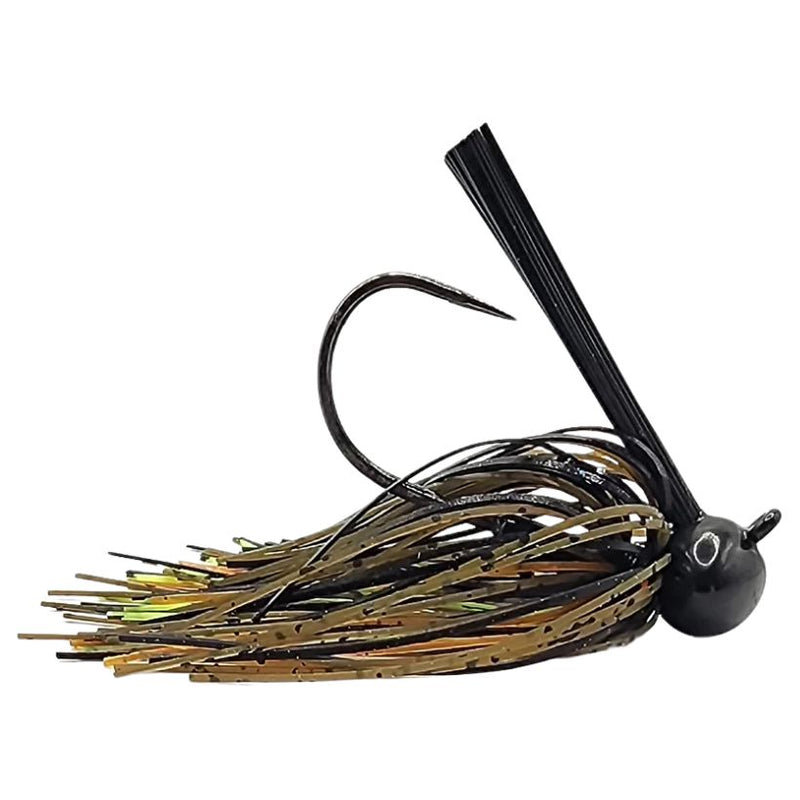 Load image into Gallery viewer, Brazalo Custom Football Head Jig in Tiger Craw with wire-tied skirt and low-set hook eye for fishing near cover and rocky structure