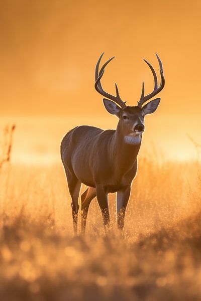 Deer with large antlers standing in a field during sunset.