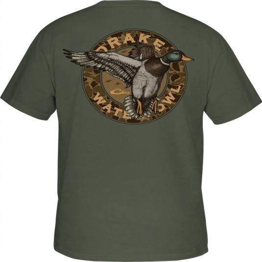 Green t-shirt with a duck graphic and 'Drake Waterfowl' logo on the back.
