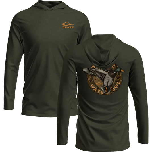 Drake Circle Mallard long sleeve hoodie T-shirt with front logo and classic mallard graphic on back.