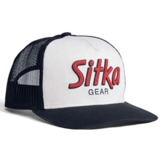 Sitka 90's Script High Pro Trucker Hat – high-profile foam snapback cap with mesh back and vintage SITKA logo