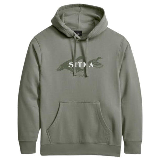 Sitka Rising Teal pullover hoodie with embroidered logo, heavy-duty ribbed cuffs, and cotton-poly blend fabric.