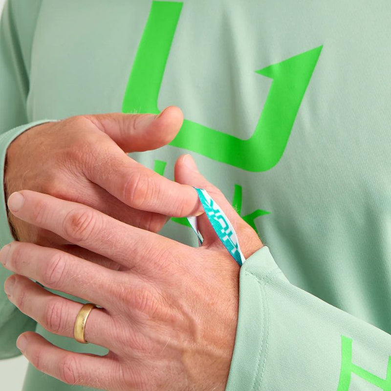 Load image into Gallery viewer, Huk Icon Performance Hoodie - Fog Green - Close Up