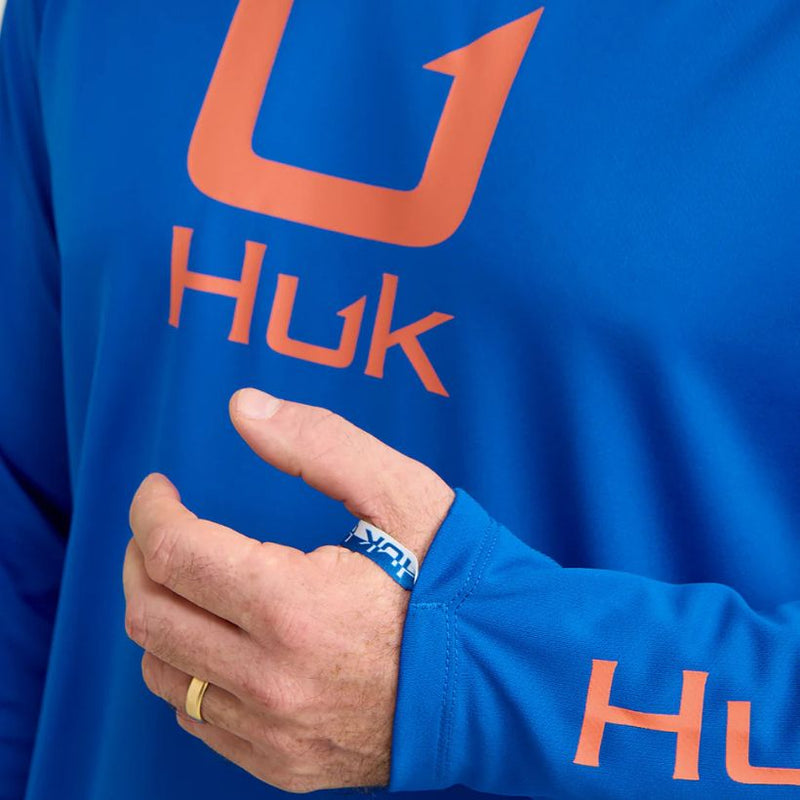 Load image into Gallery viewer, Huk Icon Performance Hoodie - Ocean Blue - Close Up