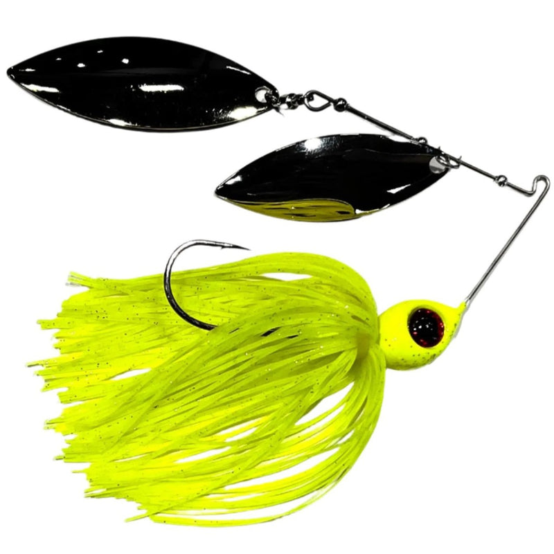 Load image into Gallery viewer, Head Hunter Nasty 50/50 Double Willow Spinnerbait - Chartreuse Silver Glitter and Gold Silver Blade