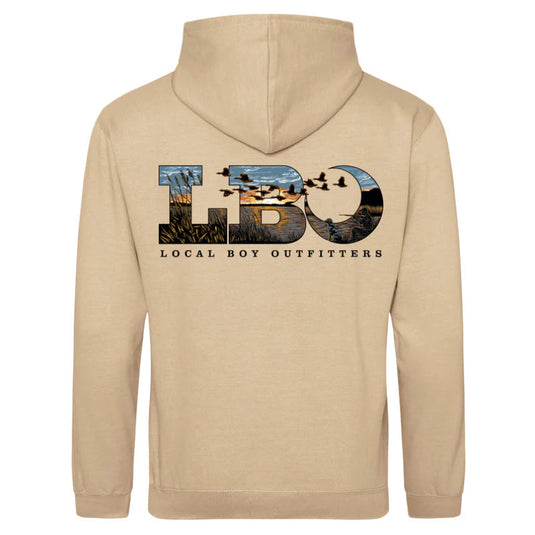 Beige hoodie with 'LBO Local Boy Outfitters' logo on the back against a white background