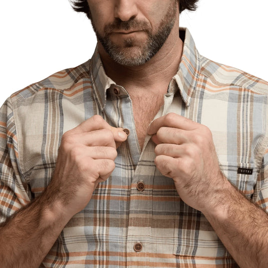 Sitka Ambary Short Sleeve Shirt – breathable button-down with hemp blend fabric, chest pocket, and wood buttons