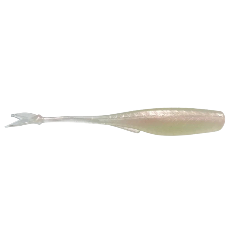 Load image into Gallery viewer, 6th Sense Juggle Minnow soft plastic trailer with fork tail and 3D ridgelines for multi-rig bass fishing. Spanish Bone
