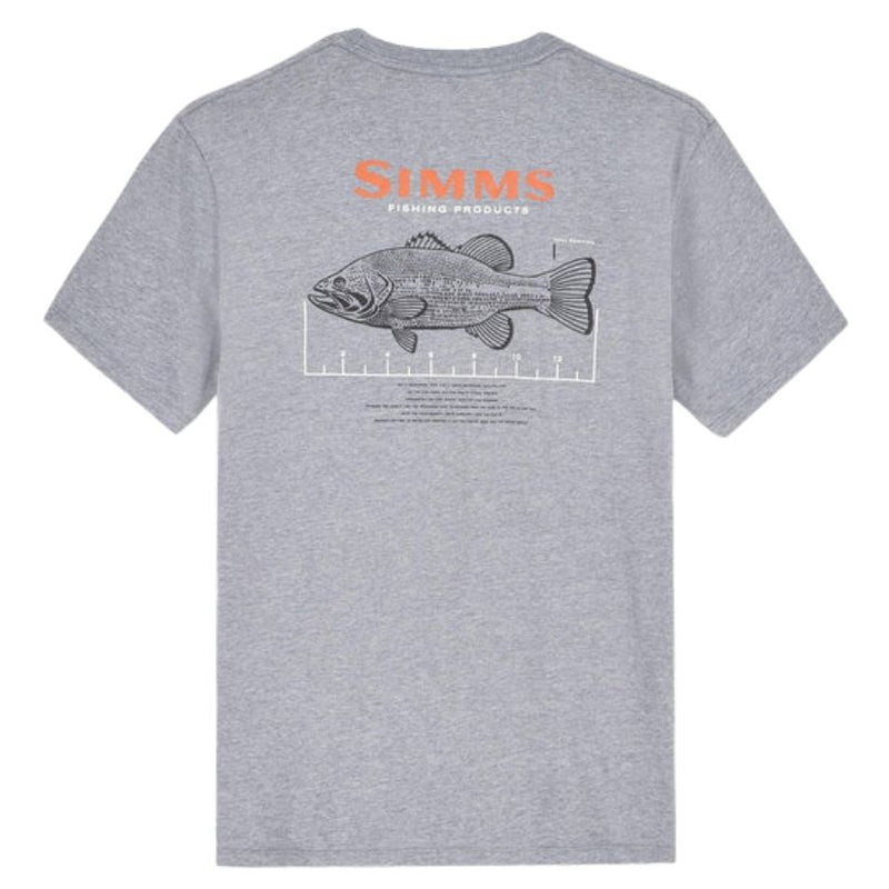 Load image into Gallery viewer, Gray t-shirt with Simms Fishing Products logo and fish design on a white background