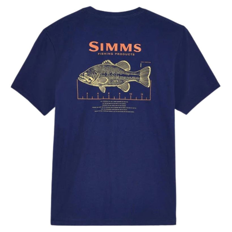 Load image into Gallery viewer, Navy blue t-shirt with Simms Fishing Products logo and fish illustration on a white background