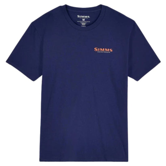 Navy blue t-shirt with 'Simms' logo on a white background