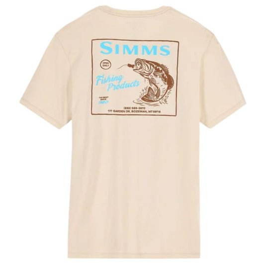Beige t-shirt with Simms fishing products logo on the back