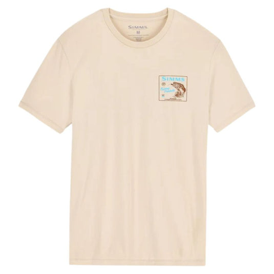 Beige t-shirt with a small graphic on the chest against a white background