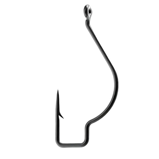 A single black fishing hook designed for drop shot or live bait fishing.