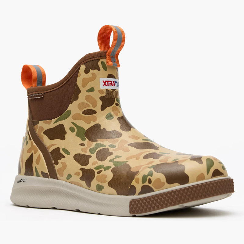 Load image into Gallery viewer, Camouflage-patterned boot with orange pull handles on a white background