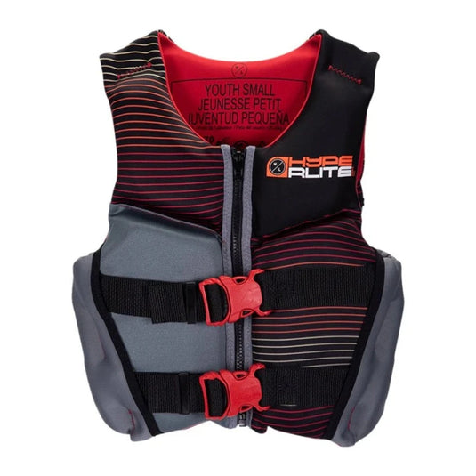Hyperlite Boy's Youth Indy CGA Life Jacket – Coast Guard approved youth life vest with adjustable belts and segmented foam panels for water sports in red and gray.