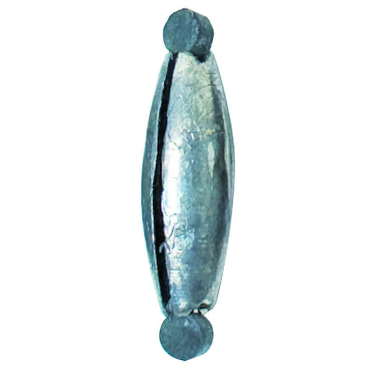 A single silver-colored rubber core fishing sinker with two tabs on each end, designed for wrapping fishing line.