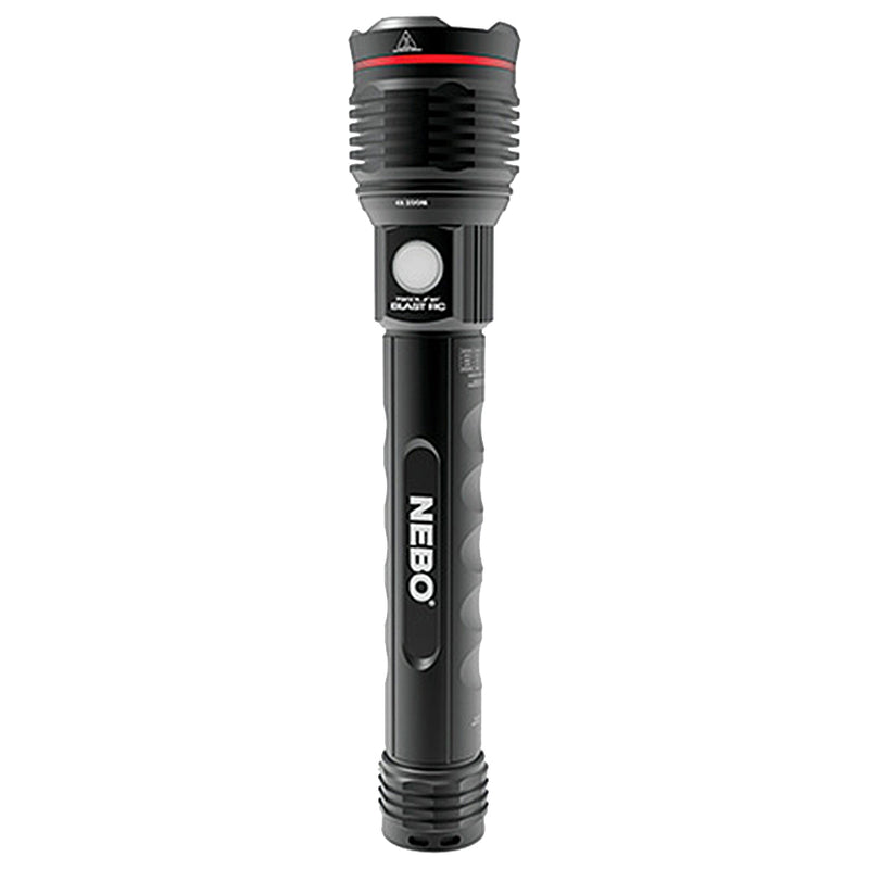 Load image into Gallery viewer, A black Nebo Redline Blast RC flashlight with a cylindrical head, a side-positioned button, and a red ring near the base.