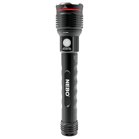 A black Nebo Redline Blast RC flashlight with a cylindrical head, a side-positioned button, and a red ring near the base.