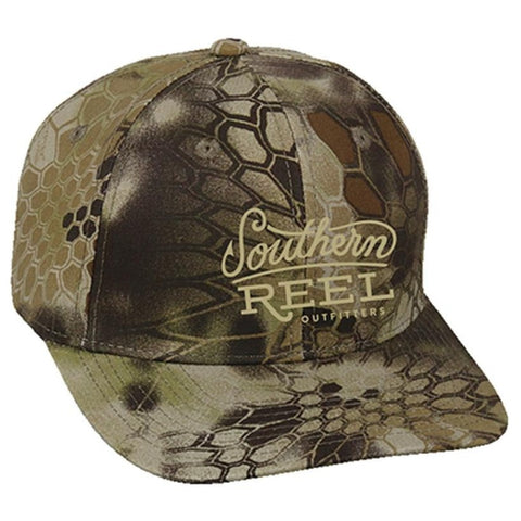 Southern Reel Outfitters hat White Orange camo with black southern reel outfitters round logo.