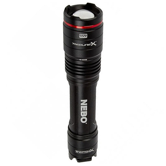 A black Nebo Redline X flashlight with a visible LED light source and branding on the side.