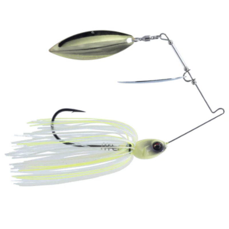 Load image into Gallery viewer, 6th Sense Divine Spinnerbait with hand-tied skirt, 3D head, and dual premium blades for bass fishing. Bone-Treuse Pearl
