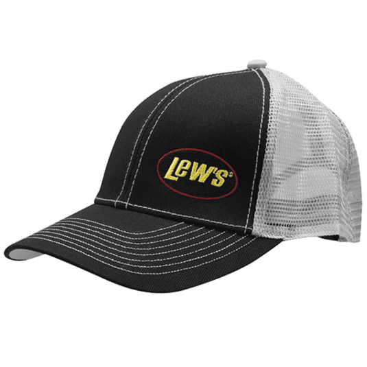 Lew’s Black/Gray Logo Hat – Adjustable Mesh Back Fishing Cap with Embroidered Logo and Pre-Curved Bill